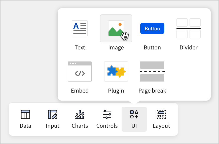 In the add element bar, a user selects UI and then selects Image