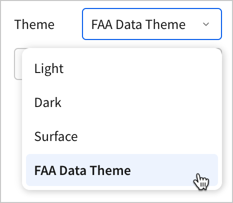 In the Theme dropdown, a user selects the FAA Data Theme option