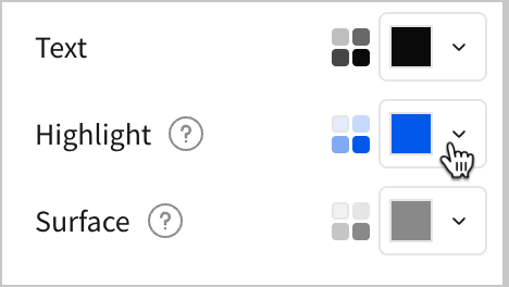 The color options show choices for Text, Highlight, and Surface