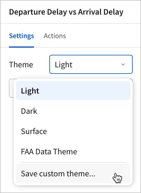 In the Theme dropdown menu, a user selects the Save custom theme option