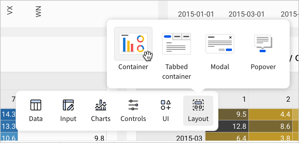 A user selects Layout from the element bar, and then selects Container