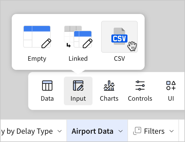 In the Add element bar, a user selects Input and then selects CSV