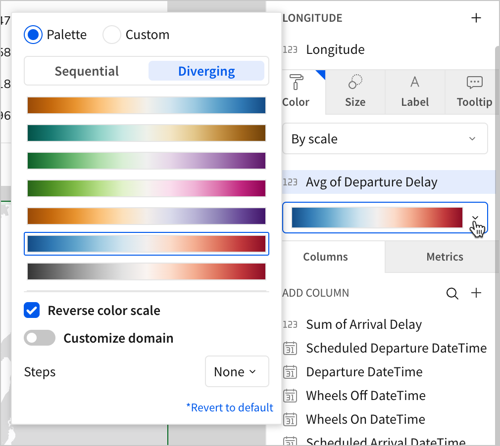 In the Color options, a user selects the Diverging color scheme options, and then selects a color scheme that ranges from blue on the left-hand side, to white in the middle, to red on the right-hand side, as well as checking the Reverse color scale box