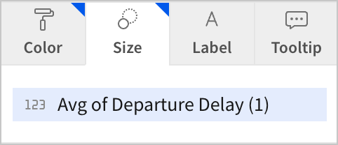 In the Size options, Avg of Departure Delay is set as the column that determines the dot size