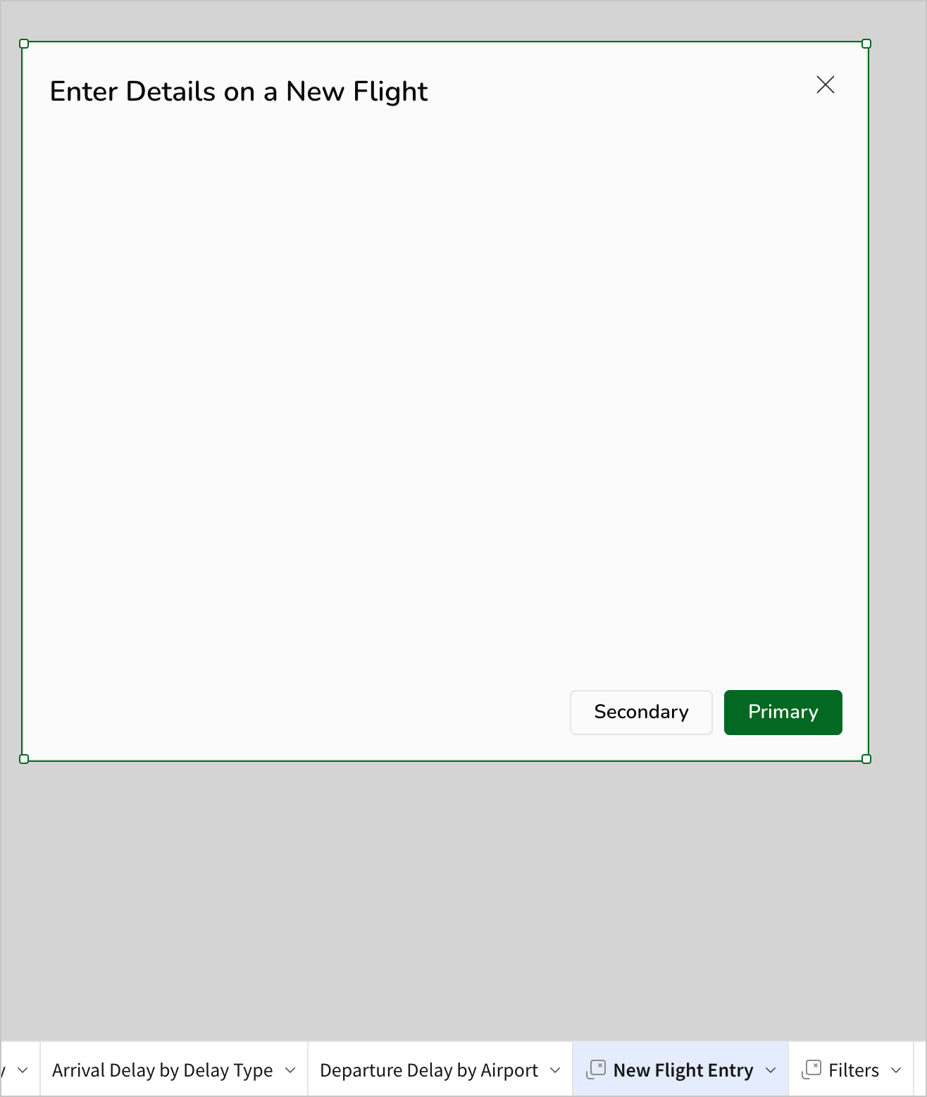 The new modal, titled Enter Details on a New Flight