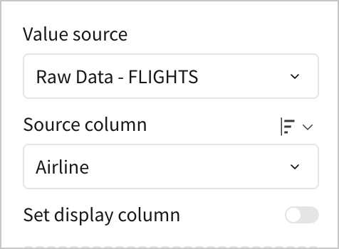 In the settings for a list values control, the Value Source is Raw Data - Flights, and the Source column is Airline