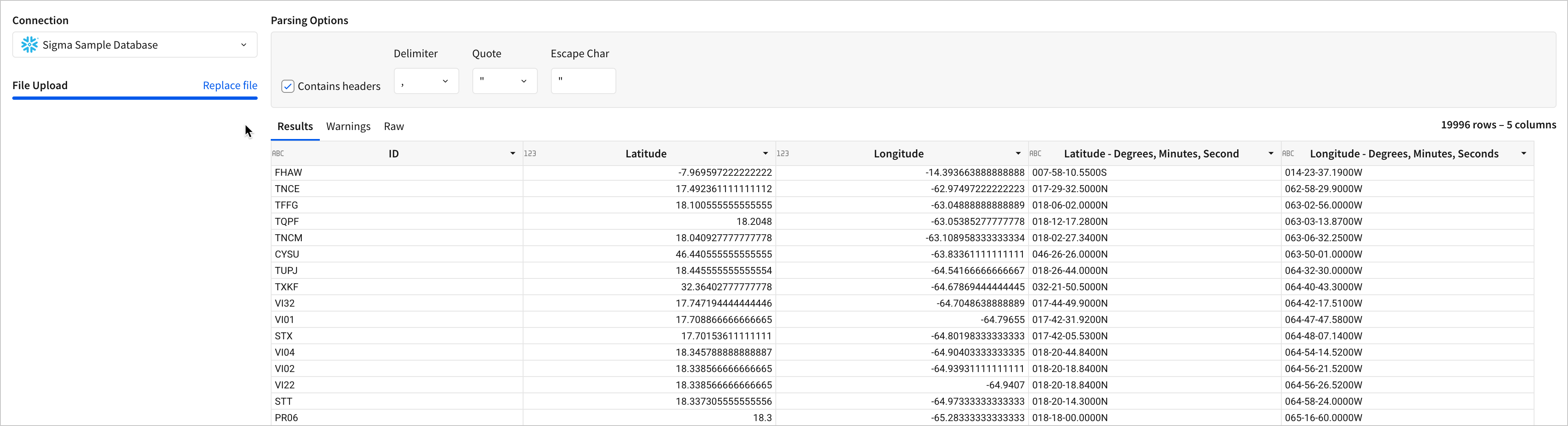 In the Parsing options, some settings Connection, and custom Delimiter options are shown