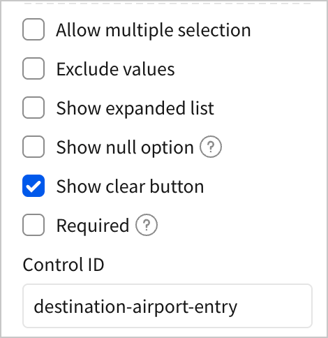 In the settings for a list values control, only the checkbox for Show clear button is selected