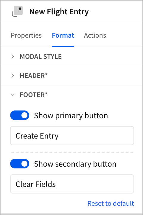 In the Format of the New Flight Entry modal, the Primary button is labelled Create Entry, and the secondary button is labelled Clear Fields