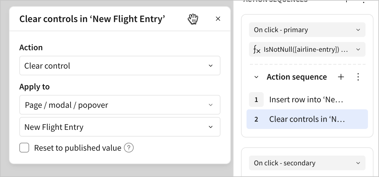 A clear control action is set to Apply to the New Flight Entry modal