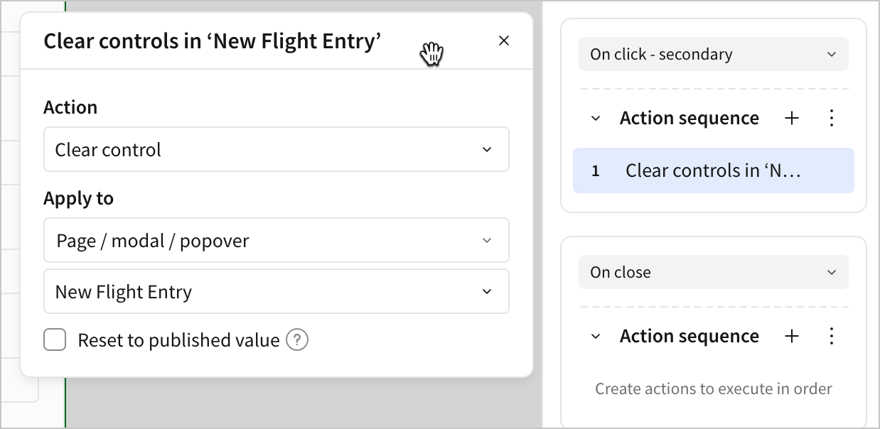 A clear control action is set to Apply to the New Flight Entry modal