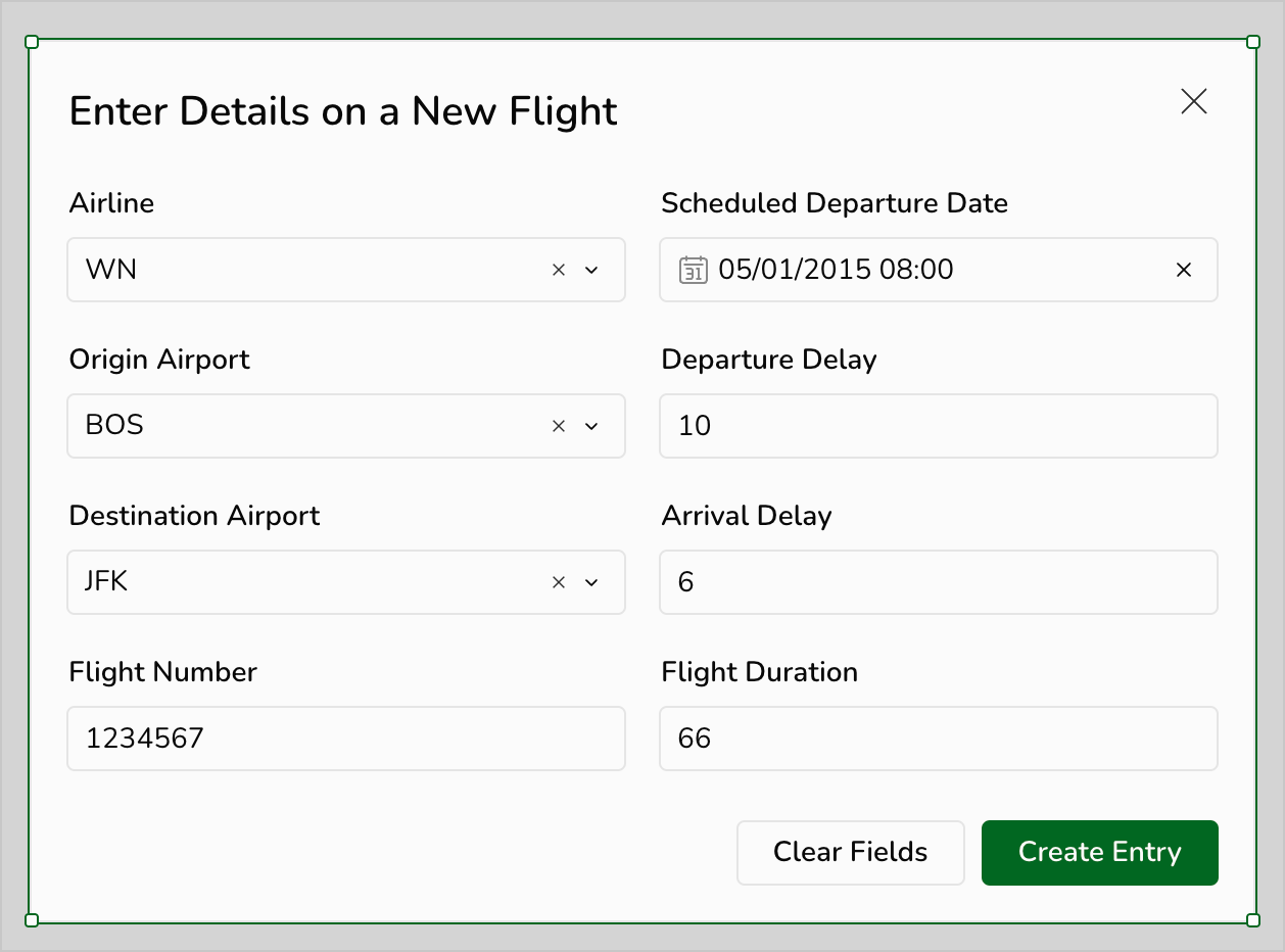 In the New Flight Entry Modal, a user enters Flight Number 1234567, Departure Date May 1st 2015, Origin Airport BOS, Destination Airport JFK, Departure Delay 10, Arrival Delay 6, Flight Duration 66, Airline WN