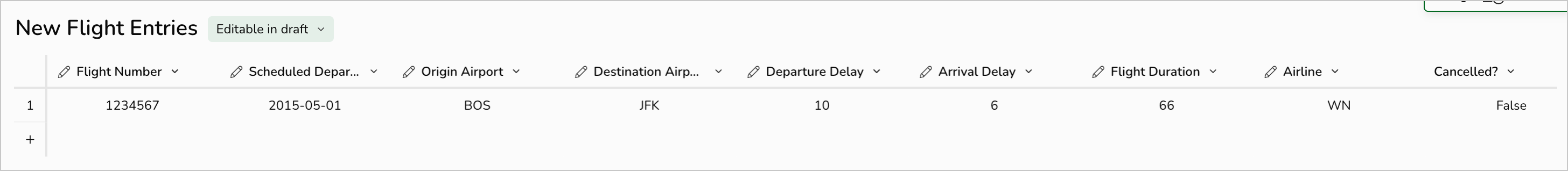 A record is shown in the input table with the entries from the previous step
