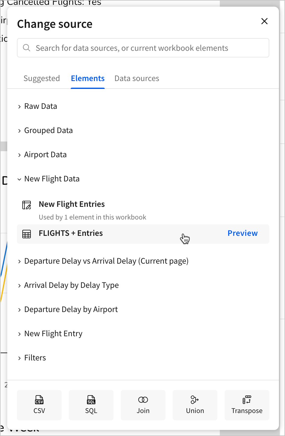 In the change source modal, a user selects the FLIGHTS + Entries table