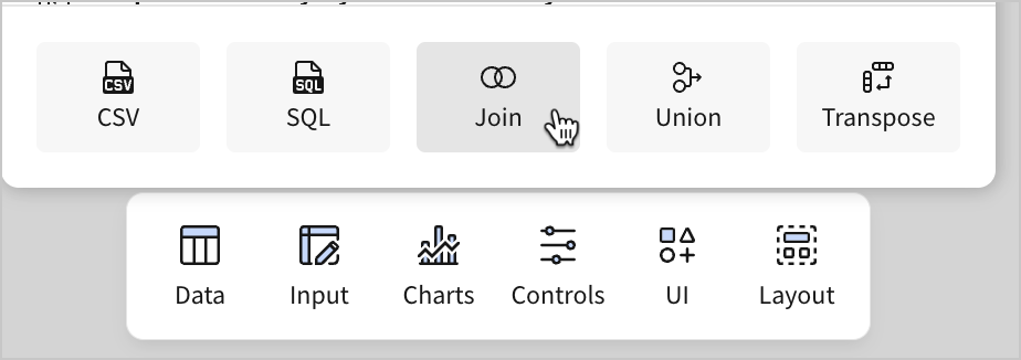 A user selects Join from the Select source modal for a table element
